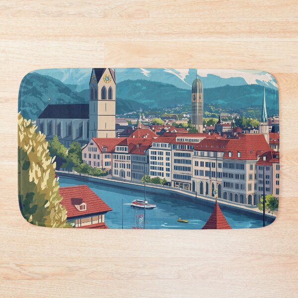 Item preview, Vintage Zurich City Skyline Art Print | Retro Swiss Travel Poster | Iconic Lake Zurich & Grossmünster Wall Decor | Zurich City Artwork | Mid-Century Modern Design designed and sold by nomiraclehere.