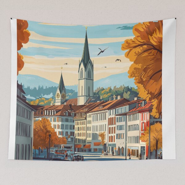Item preview, Vintage Zurich City Skyline Art Print | Retro Swiss Travel Poster | Iconic Lake Zurich & Grossmünster Wall Decor | Zurich City Artwork | Mid-Century Modern Design designed and sold by nomiraclehere.