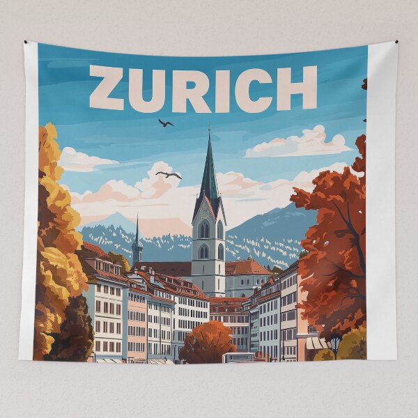 Item preview, Vintage Zurich City Skyline Art Print | Retro Swiss Travel Poster | Iconic Lake Zurich & Grossmünster Wall Decor | Zurich City Artwork | Mid-Century Modern Design designed and sold by nomiraclehere.