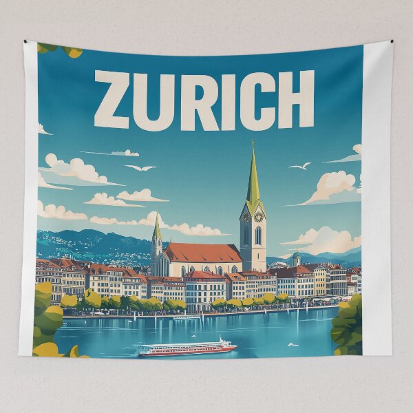 Item preview, Vintage Zurich City Skyline Art Print | Retro Swiss Travel Poster | Iconic Lake Zurich & Grossmünster Wall Decor | Zurich City Artwork | Mid-Century Modern Design designed and sold by nomiraclehere.