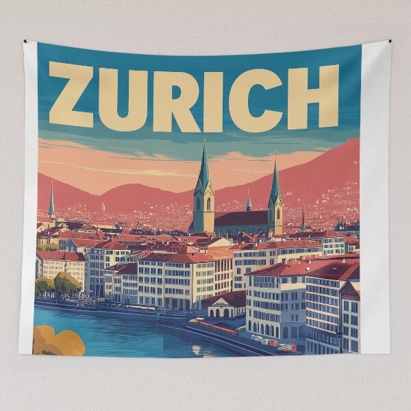 Item preview, Vintage Zurich City Skyline Art Print | Retro Swiss Travel Poster | Iconic Lake Zurich & Grossmünster Wall Decor | Zurich City Artwork | Mid-Century Modern Design designed and sold by nomiraclehere.