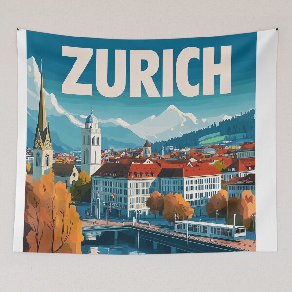 Item preview, Vintage Zurich City Skyline Art Print | Retro Swiss Travel Poster | Iconic Lake Zurich & Grossmünster Wall Decor | Zurich City Artwork | Mid-Century Modern Design designed and sold by nomiraclehere.