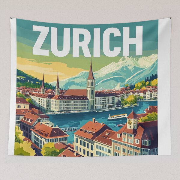 Item preview, Vintage Zurich City Skyline Art Print | Retro Swiss Travel Poster | Iconic Lake Zurich & Grossmünster Wall Decor | Zurich City Artwork | Mid-Century Modern Design designed and sold by nomiraclehere.