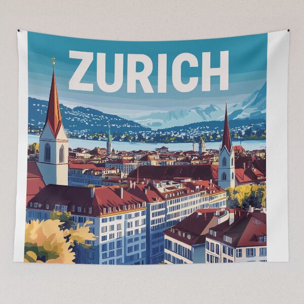 Item preview, Vintage Zurich City Skyline Art Print | Retro Swiss Travel Poster | Iconic Lake Zurich & Grossmünster Wall Decor | Zurich City Artwork | Mid-Century Modern Design designed and sold by nomiraclehere.