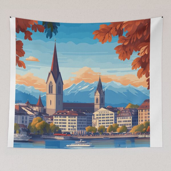 Item preview, Vintage Zurich City Skyline Art Print | Retro Swiss Travel Poster | Iconic Lake Zurich & Grossmünster Wall Decor | Zurich City Artwork | Mid-Century Modern Design designed and sold by nomiraclehere.