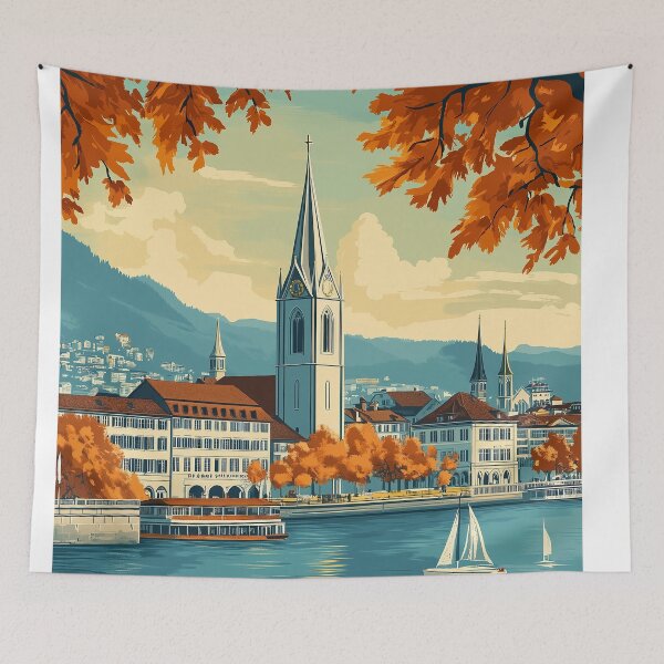Item preview, Vintage Zurich City Skyline Art Print | Retro Swiss Travel Poster | Iconic Lake Zurich & Grossmünster Wall Decor | Zurich City Artwork | Mid-Century Modern Design designed and sold by nomiraclehere.