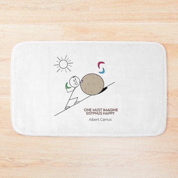 Item preview, One Must Imagine Sisyphus Happy Throwing Boomerangs Philosophy Cartoons designed and sold by JoyfulSisyphus.