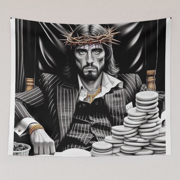 Item preview, Black-and-White Scarface Jesus II with Gold accents. designed and sold by jay-cack.