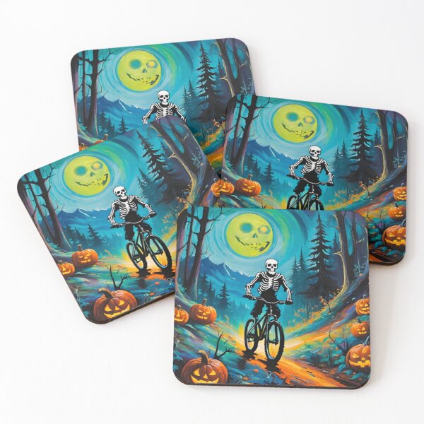 Item preview, Skeleton MTB Rider in the Forbidden Forest Surrounded by Pumpkins designed and sold by GrizzlyCollective.