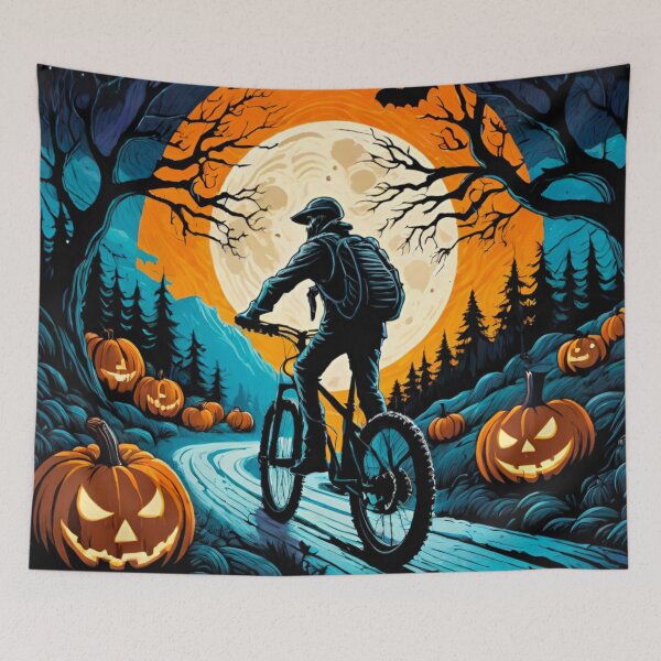 Item preview, MTB Rider Late on Halloween Night in the Forest with Pumpkins designed and sold by GrizzlyCollective.