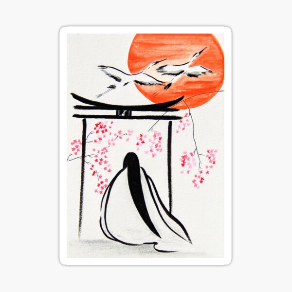 Item preview, Woman at Torii Gate with Cranes | Japanese Art designed and sold by AngelaMarieArt.