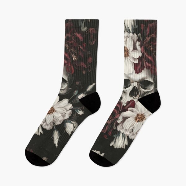 Item preview, Skull, dark red bordeaux and white flowers - feminine girly floral composition creepy art cottagecore  designed and sold by Fantasy Cache.