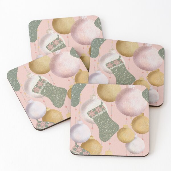 Item preview, stockings & sparkling holiday baubles pattern on pink designed and sold by Catherine Wallace Art.