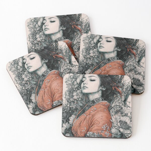 Item preview, Samurai Serenity: Elegant Warrior with Floral Elements Art designed and sold by Qim X Fantasy.