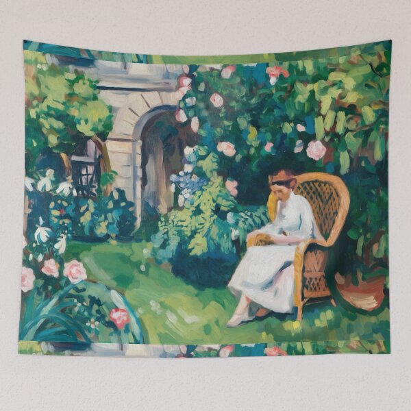 Item preview, Peaceful Garden Scene with Woman Reading – French Impressionist Art designed and sold by CARRAANN.