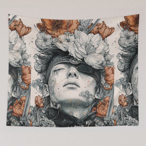 Item preview, Blindfolded Warrior Surrounded by Blossoming Flowers: Surreal Art designed and sold by Qim X Fantasy.