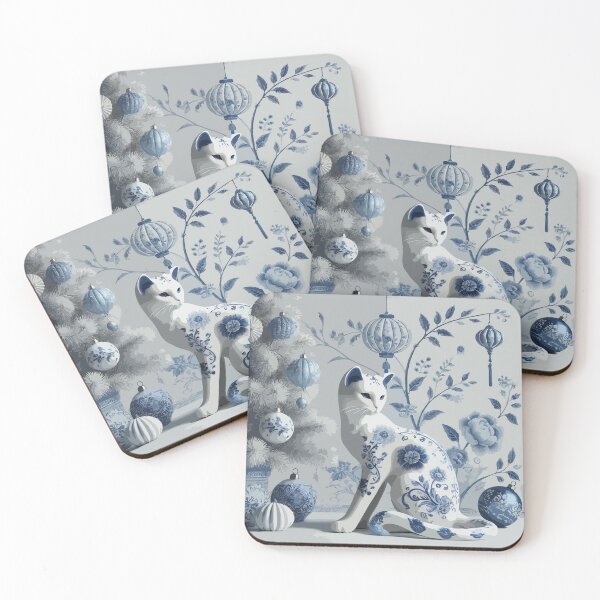 Item preview, Blue and White Cat Christmas Chinoiserie Toile designed and sold by BioscorDesigns.