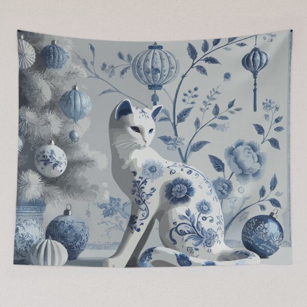 Item preview, Blue and White Cat Christmas Chinoiserie Toile designed and sold by BioscorDesigns.