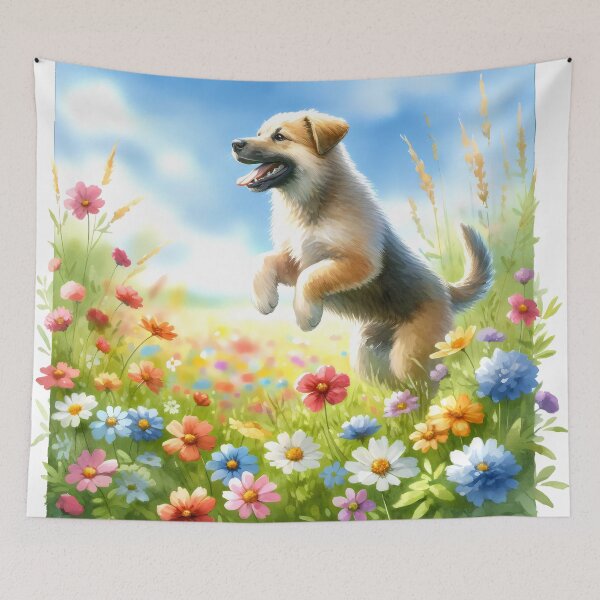 Item preview, Dog Playing in a Flower-Filled Meadow designed and sold by GoldenPattern.