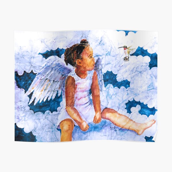Watercolor Hummingbird Angel On Wrinkled Paper Poster