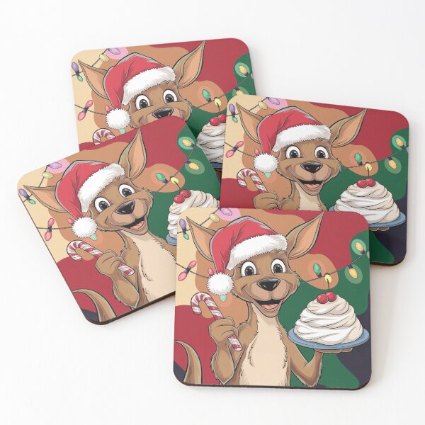 Item preview, Kangaroo in a fluffy red Santa hat, holding a festive candy cane in one hand and a classic pavlova cake in the other  designed and sold by Cadsdiva.