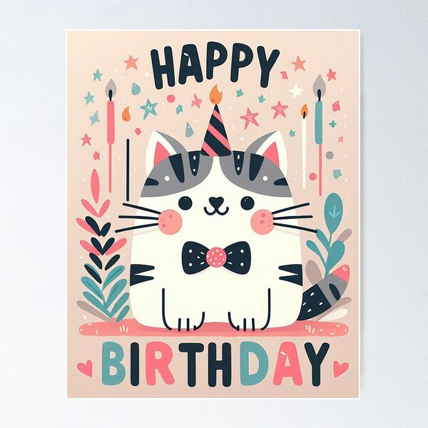 Item preview, Happy birthday, cute cat with birthday party hat on designed and sold by Silbays.