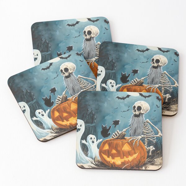 Item preview, Whimsical Halloween Skeleton Stuck in Pumpkin with Laughing Ghosts and Dancing Bats designed and sold by Soul-Sparks.