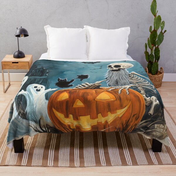 Item preview, Whimsical Halloween Skeleton Stuck in Pumpkin with Laughing Ghosts and Dancing Bats designed and sold by Soul-Sparks.
