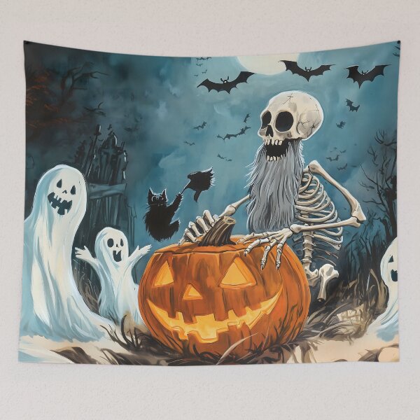 Item preview, Whimsical Halloween Skeleton Stuck in Pumpkin with Laughing Ghosts and Dancing Bats designed and sold by Soul-Sparks.
