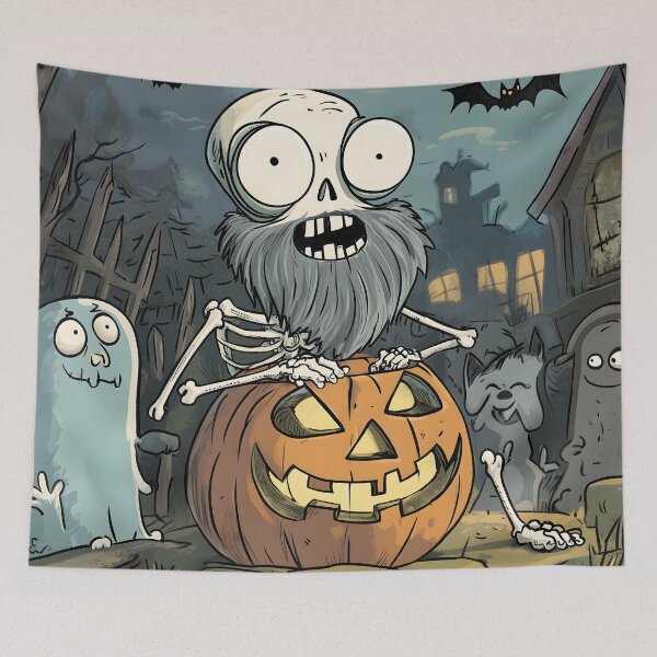 Item preview, Comical Skeleton Struggles with Pumpkin Carving in Playful Halloween Graveyard designed and sold by Soul-Sparks.