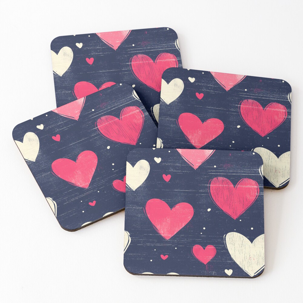 Sweetheart Confetti - Pink and White Heart Pattern Coasters (Set of 4)