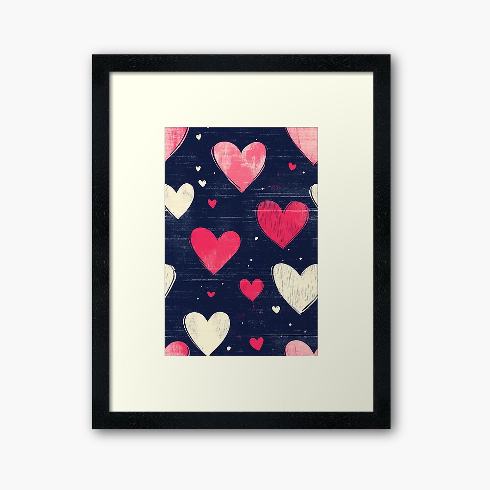 Framed Art Print: Sweetheart Confetti - Pink and White Heart Pattern