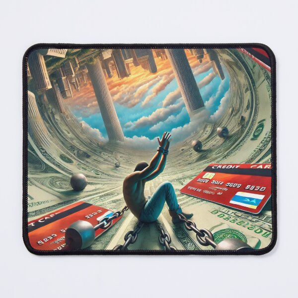 Item preview, A surreal, satirical Shackled by credit cards and chains, a person struggles to break free in a surreal world of debt and money designed and sold by Bored Elon.