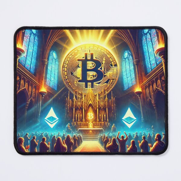 Item preview, Cathedral filled with worshippers bowing to a glowing Bitcoin on the altar, with Ethereum symbols surrounding designed and sold by Bored Elon.