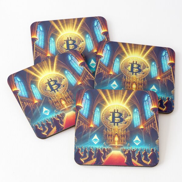 Item preview, Cathedral filled with worshippers bowing to a glowing Bitcoin on the altar, with Ethereum symbols surrounding designed and sold by Bored Elon.