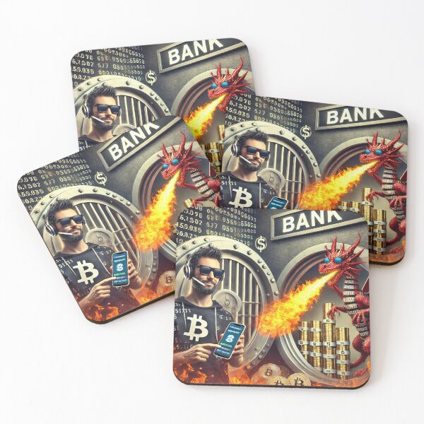 Item preview, Crypto bro facing the fiery dragon of volatility guarding a vault of digital coins outside a traditional bank designed and sold by Bored Elon.