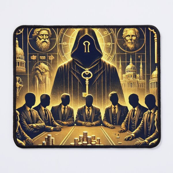 Item preview, Faceless wealthy figures gathered around a table of gold coins, led by a hooded figure holding the key to power designed and sold by Bored Elon.