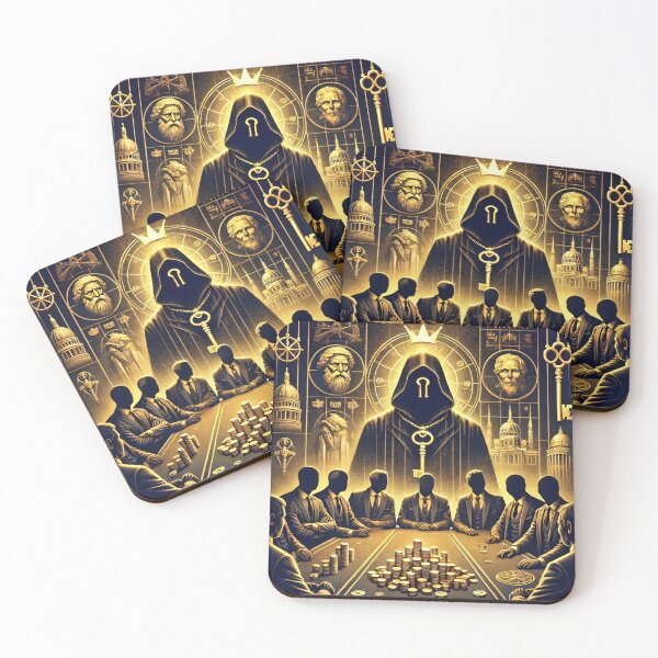 Item preview, Faceless wealthy figures gathered around a table of gold coins, led by a hooded figure holding the key to power designed and sold by Bored Elon.