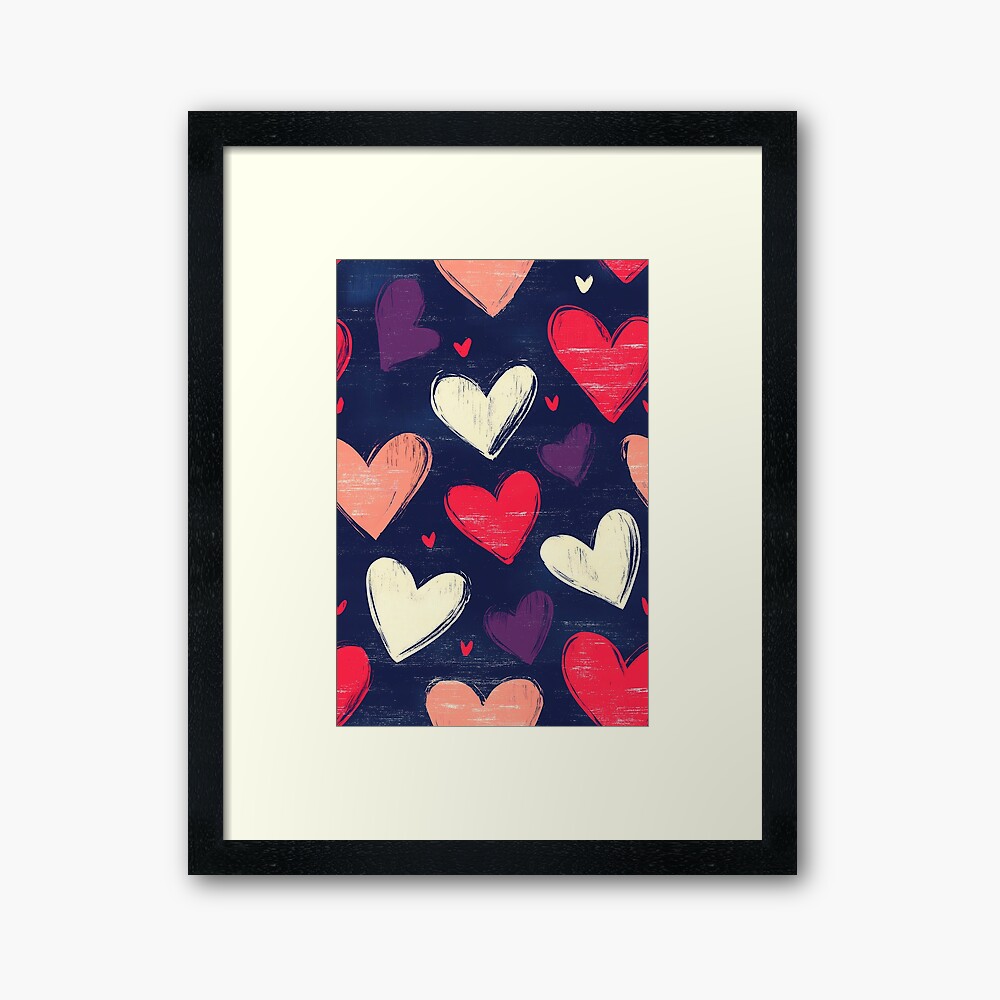 Framed Art Print: Elegant Pink and White Heart Pattern