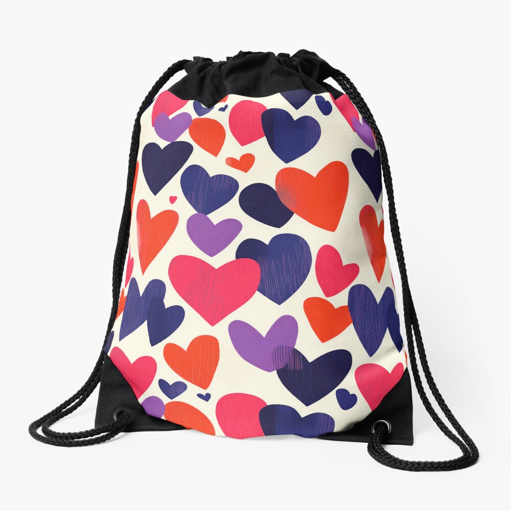 Drawstring Bag: Rugged Hearts in Pink, Purple, and Orange