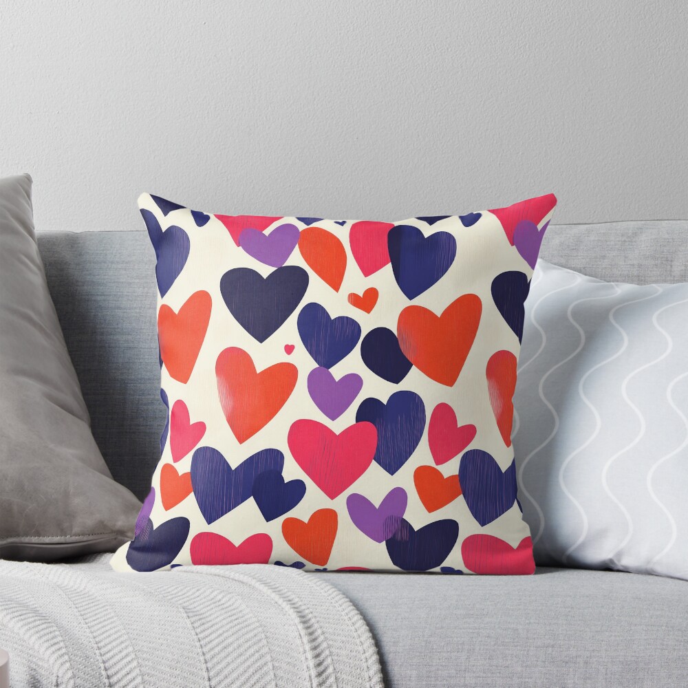 Rugged Pink, Purple, and Orange Hearts Throw Pillow