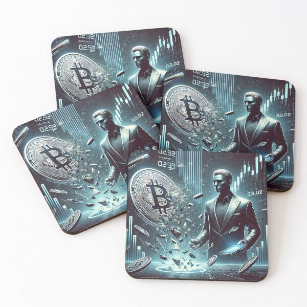Item preview, Futuristic scene of a shattered Bitcoin coin crashing with a crypto investor witnessing the digital collapse designed and sold by Bored Elon.