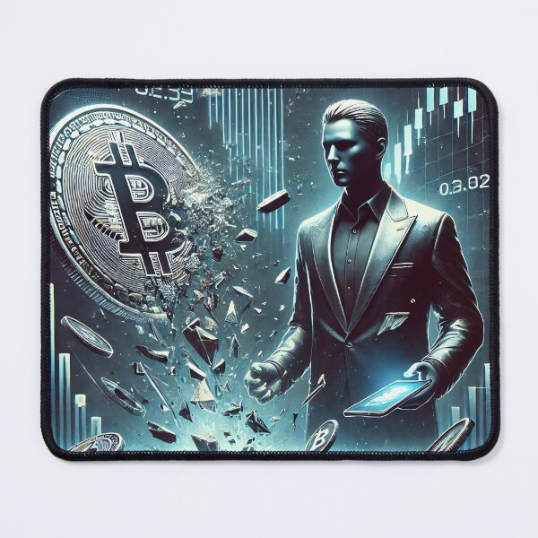 Item preview, Futuristic scene of a shattered Bitcoin coin crashing with a crypto investor witnessing the digital collapse designed and sold by Bored Elon.
