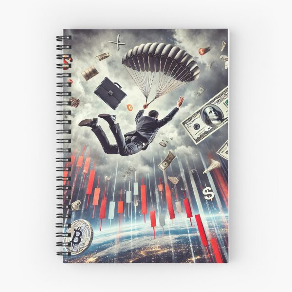 Item preview, Investor skydiving through a financial free fall as stock market charts, money, and crypto symbols crash designed and sold by Bored Elon.