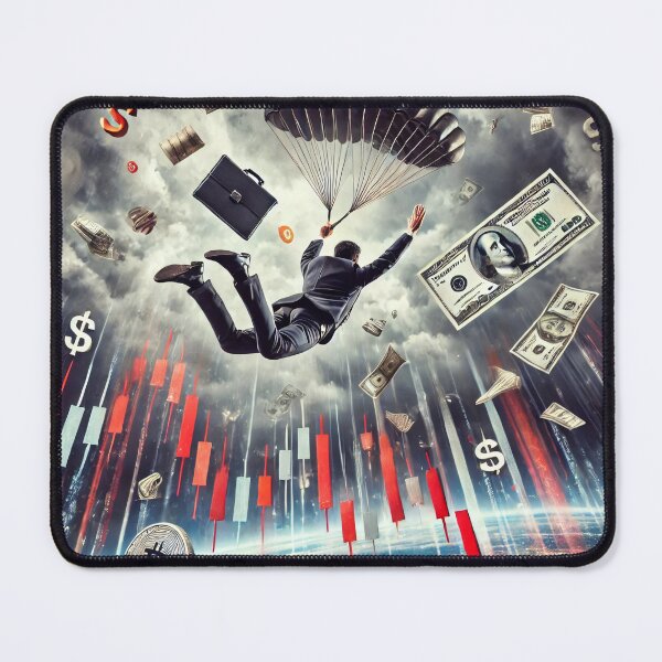 Item preview, Investor skydiving through a financial free fall as stock market charts, money, and crypto symbols crash designed and sold by Bored Elon.