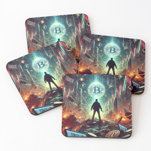 Item preview, Lone crypto investor stands in a post-apocalyptic digital world, facing the glowing symbol of Bitcoin designed and sold by Bored Elon.