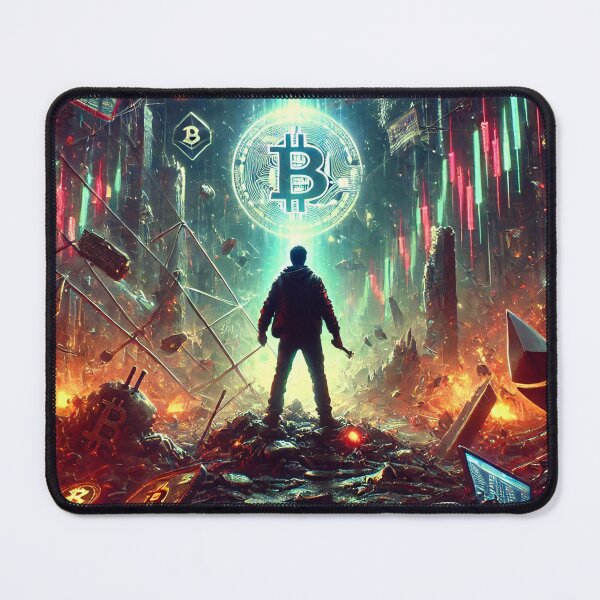 Item preview, Lone crypto investor stands in a post-apocalyptic digital world, facing the glowing symbol of Bitcoin designed and sold by Bored Elon.