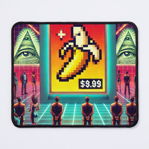 Item preview, NFT art gallery displaying a pixelated banana for auction as onlookers stand under Illuminati symbols designed and sold by Bored Elon.