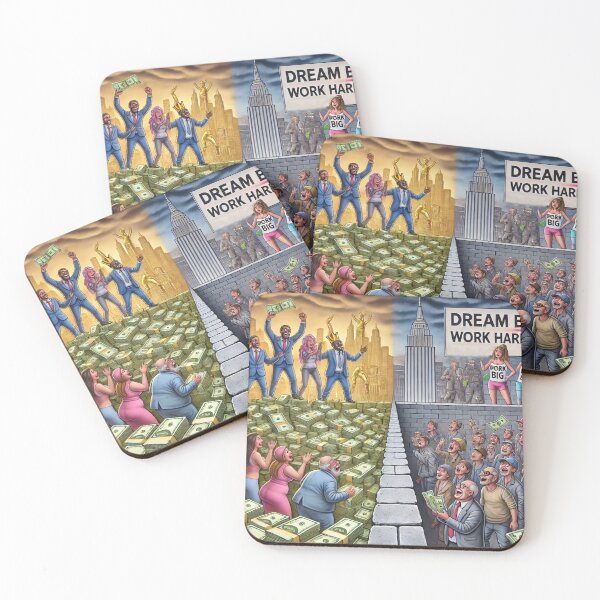 Item preview, Satirical image of a divided city wealthy figures celebrating on piles of cash, while others follow Dream Big slogans. designed and sold by Bored Elon.