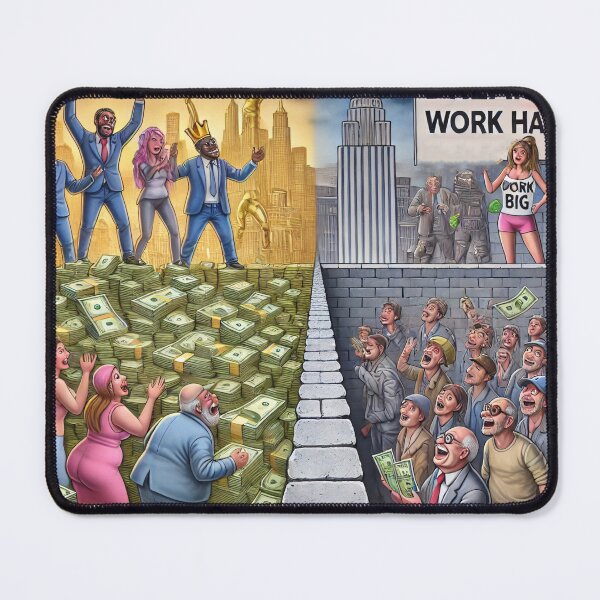 Item preview, Satirical image of a divided city wealthy figures celebrating on piles of cash, while others follow Dream Big slogans. designed and sold by Bored Elon.